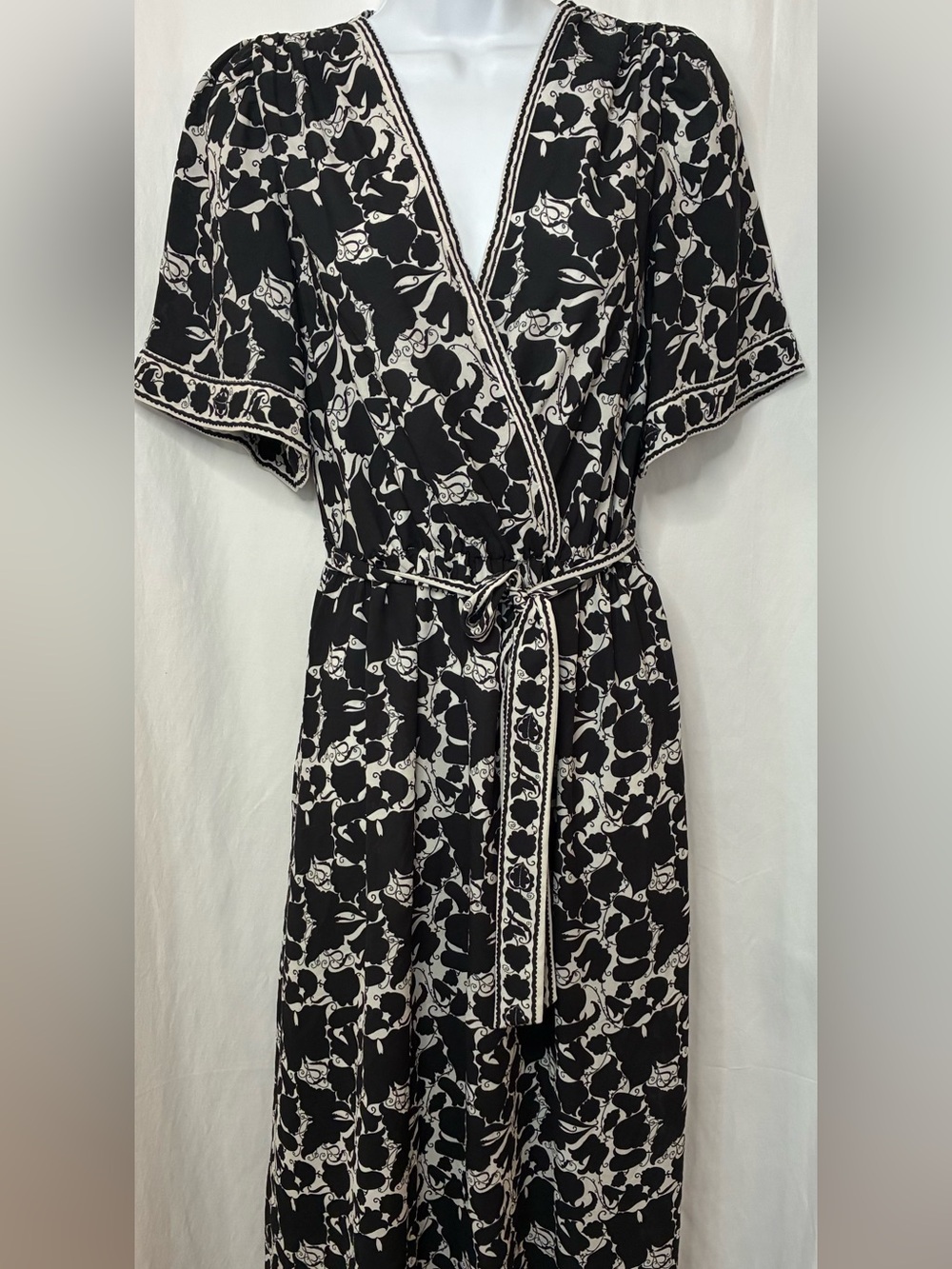 Max Studio Black and Cream Floral Maxi Wrap Dress